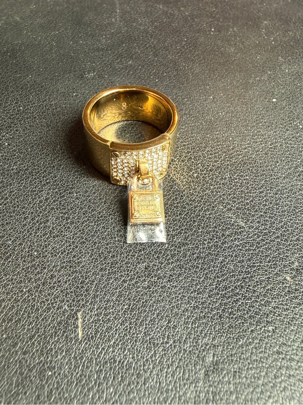 Designer Michael Kors Padlock Charm Gold Tone Pave' Crystal Accent Ring Size 8